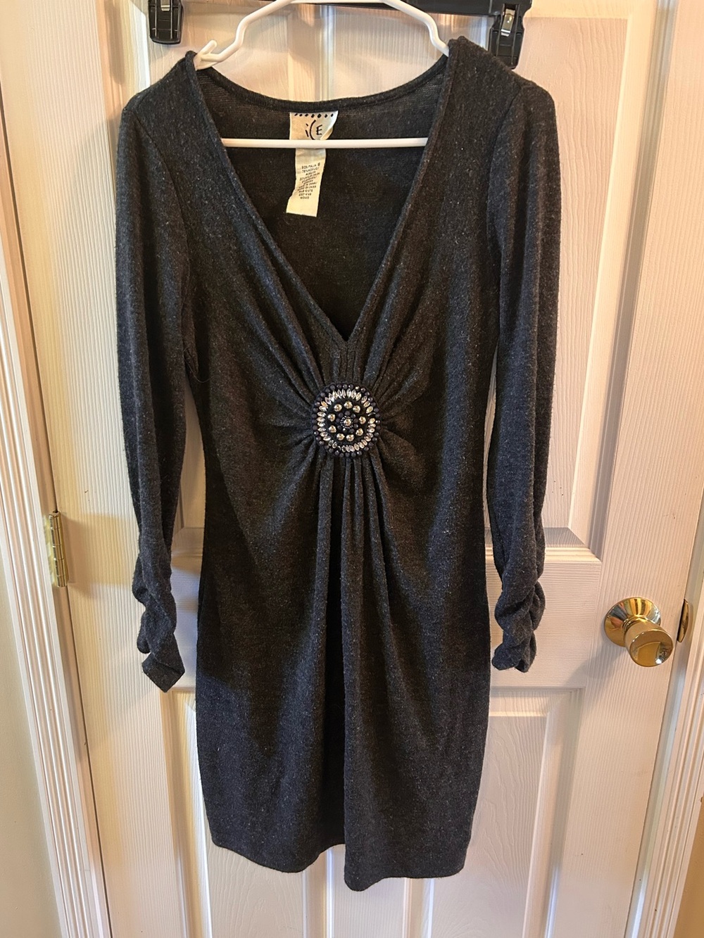 Ice Charcoal Sparkle V-Neck Long Sleeve Dress with Jeweled Center